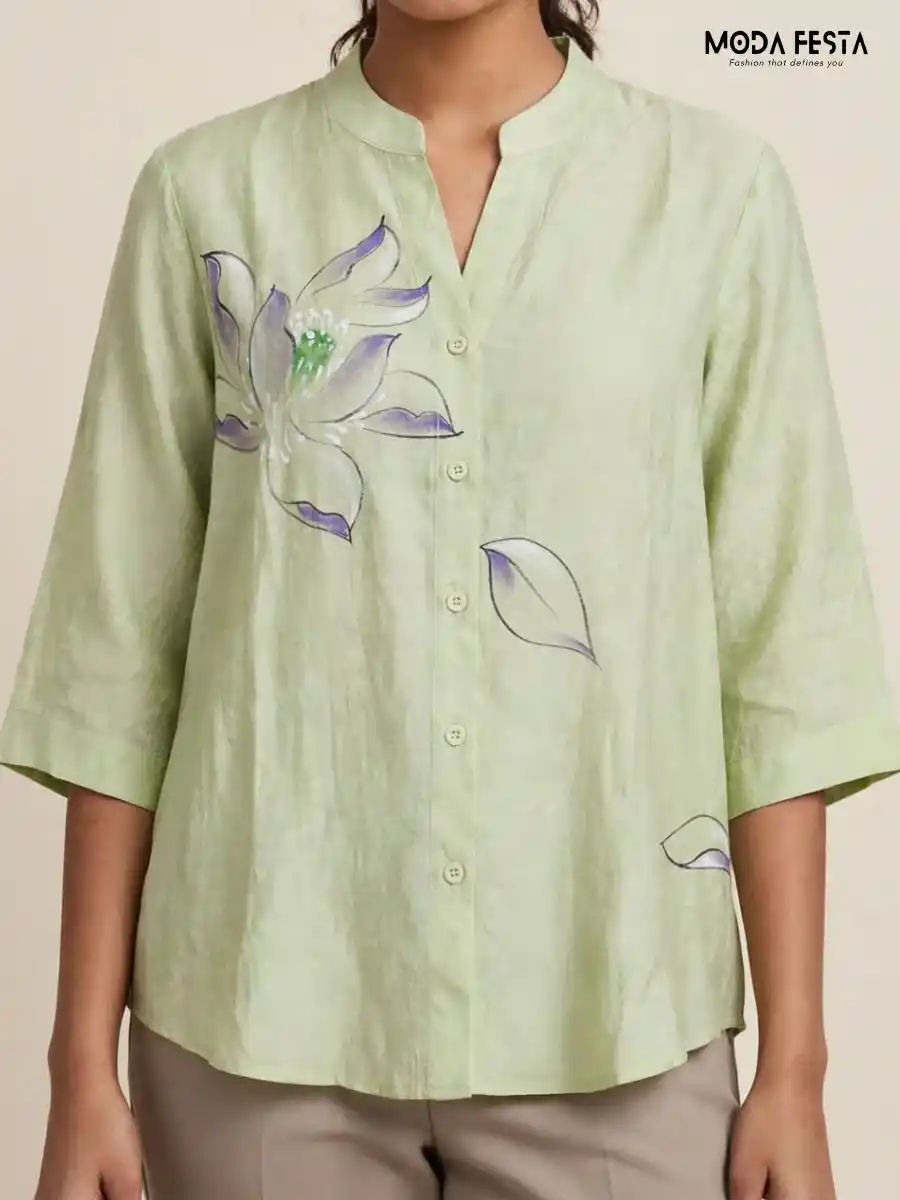 Sage Green Hand-Painted Floral Casual Shirt