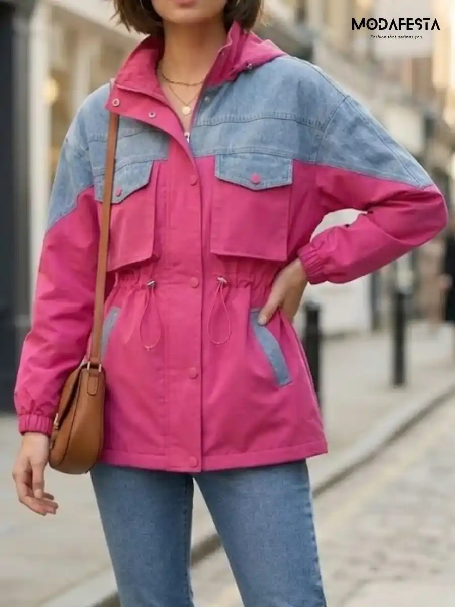ModaFesta -elegant-denim-with-parachute-fabric-hoodie-jacket-pink
