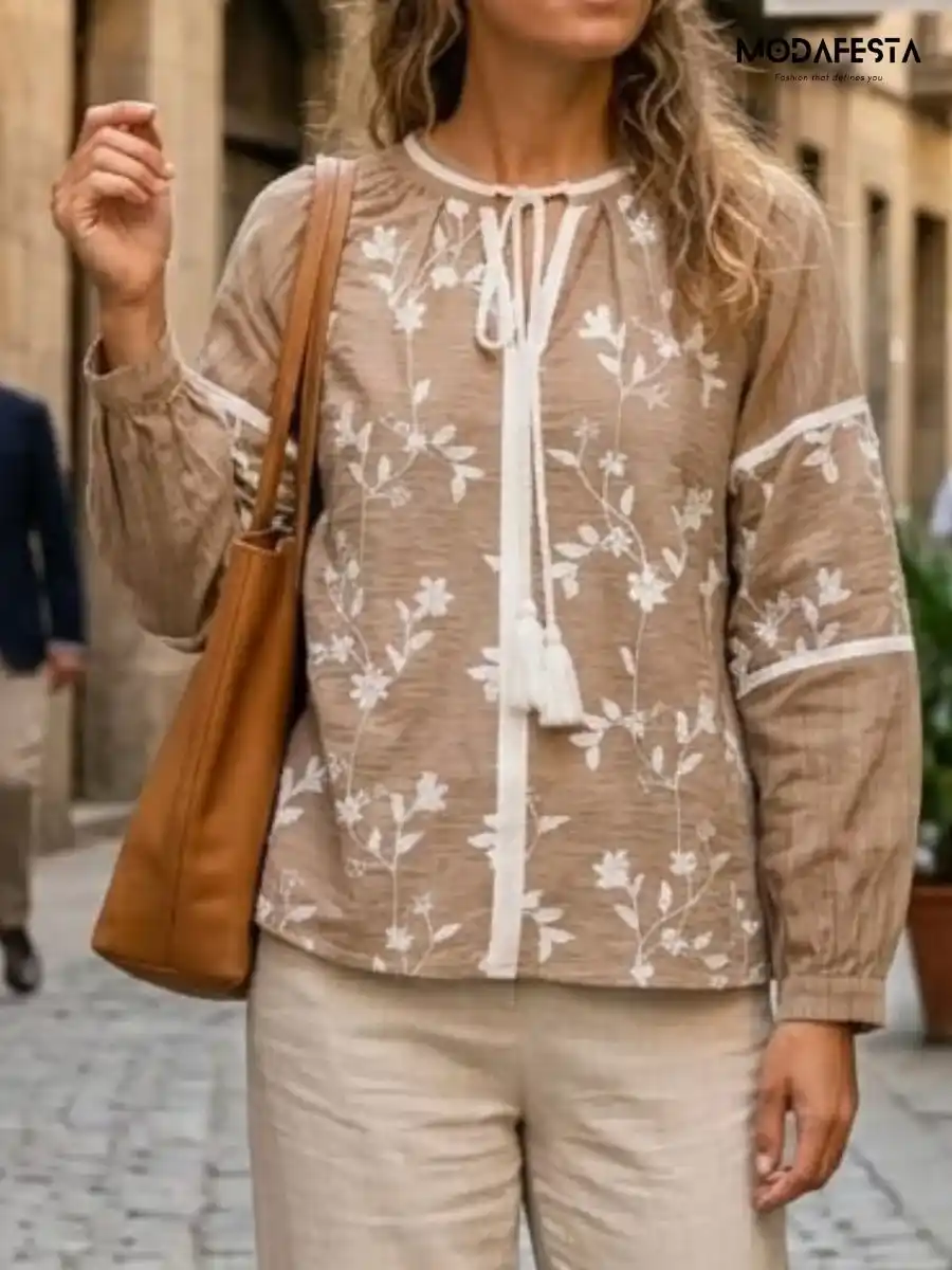 ModaFesta -elegant-floral-embroidered-v-neck-top-beige