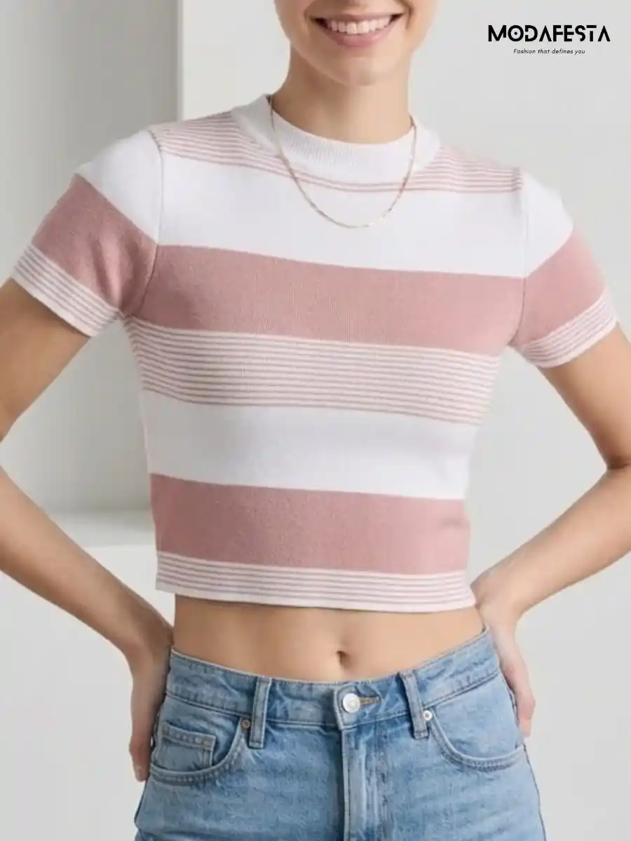 ModaFesta -elegant-pink-and-white-striped-crop-t-shirt
