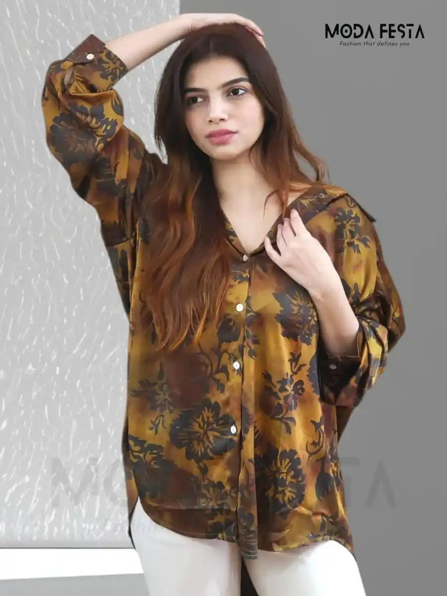 ModaFesta -printed-satin-shirt-mustard-black-for-women