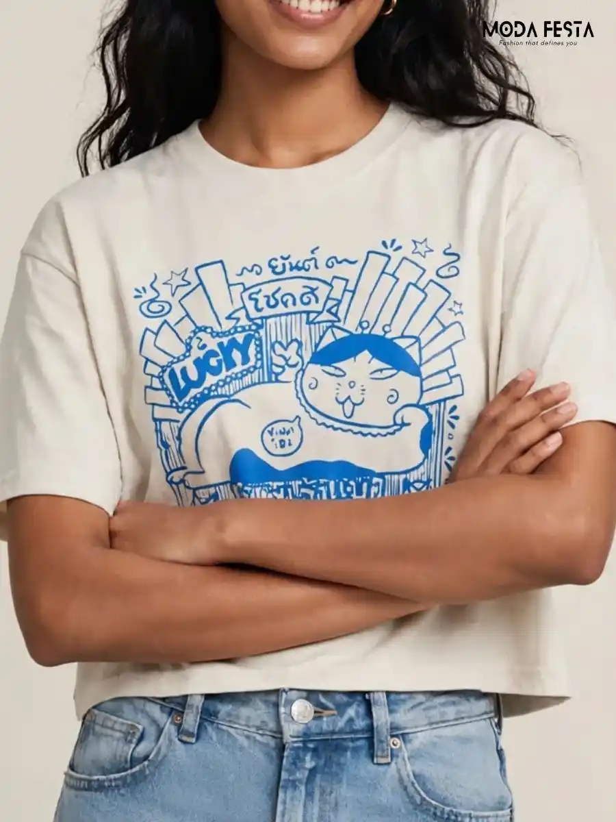 ModaFesta -lucky-cat-graphic-print-crop-t-shirt