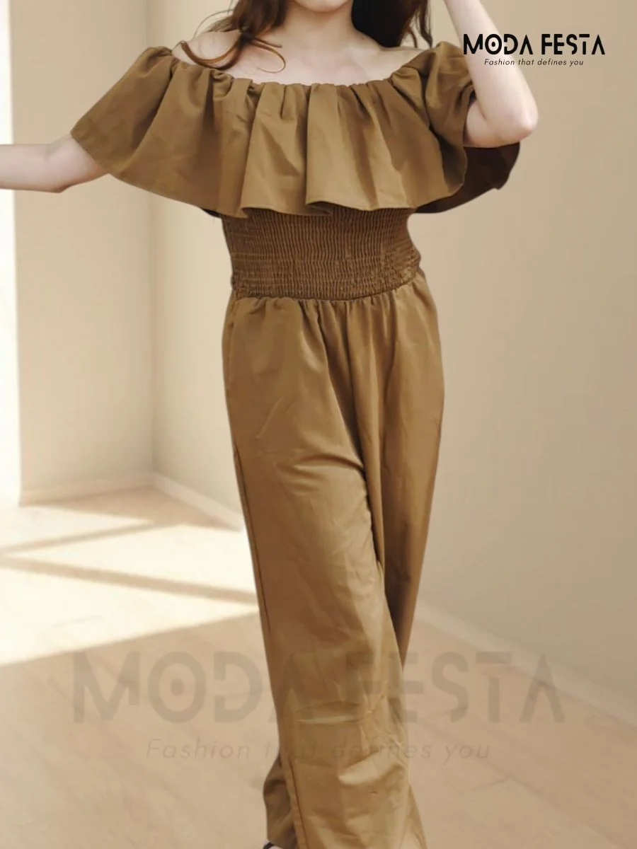 ModaFesta -off-shoulder-jumpsuit-brown