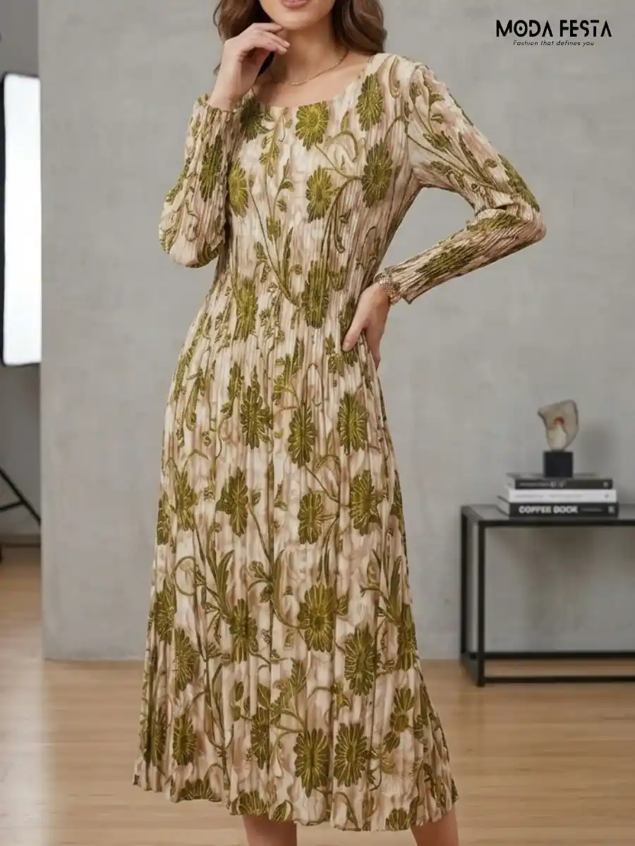 Green floral print pleated midi dress