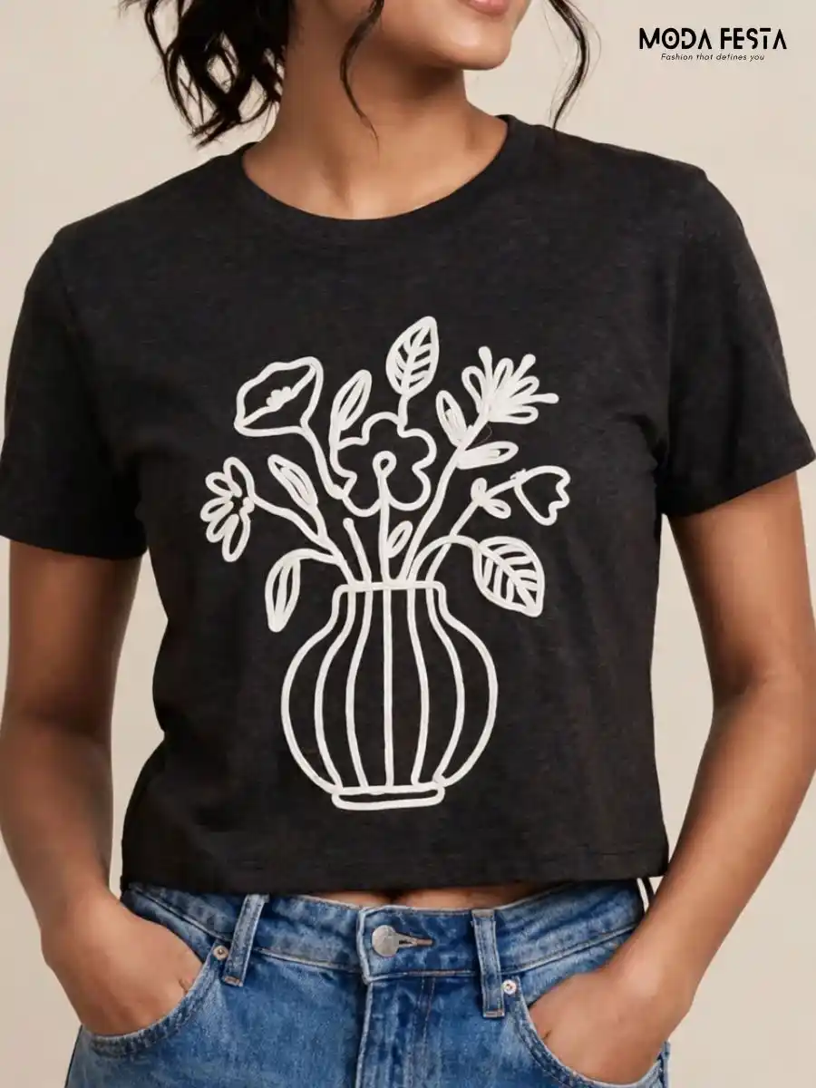 Minimalist Floral Outline Crop Tee