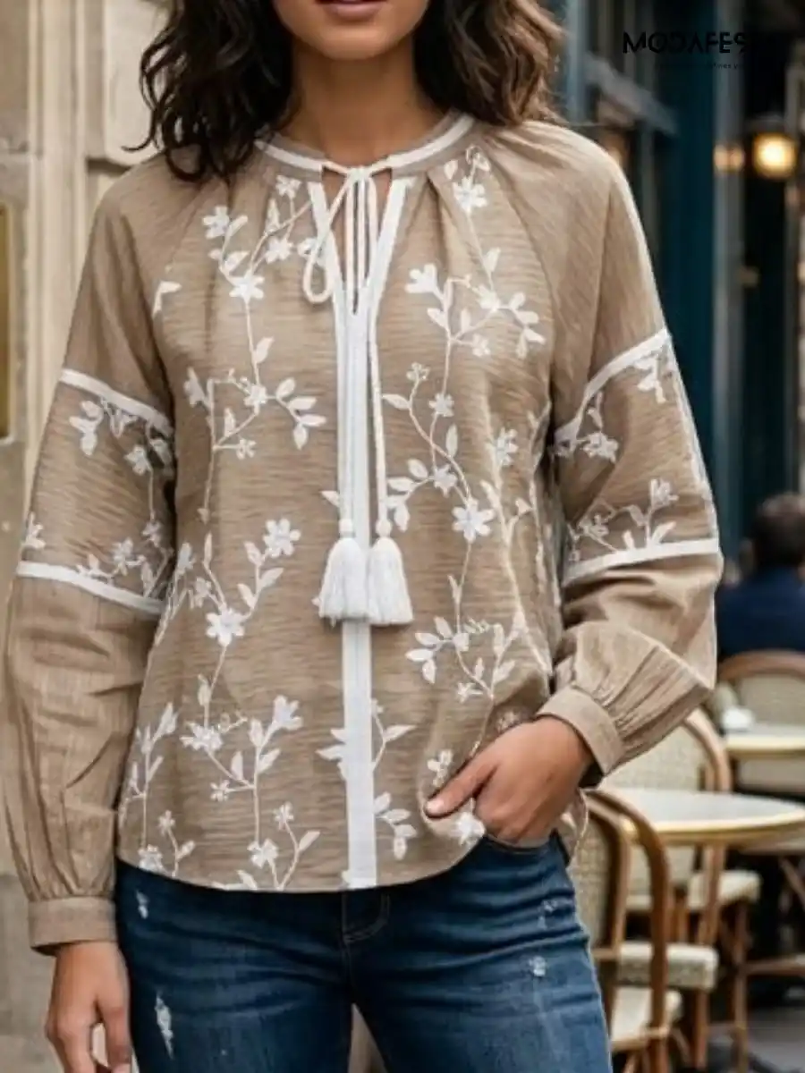 ModaFesta -elegant-floral-embroidered-v-neck-top-beige