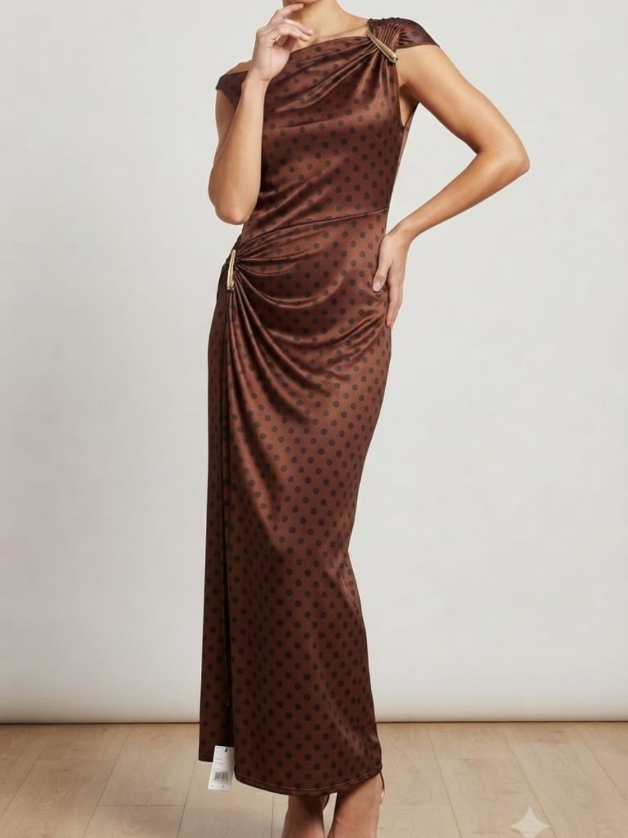 ModaFesta -sleeveless-polka-dot-ankle-length-bodycon-dress-brown