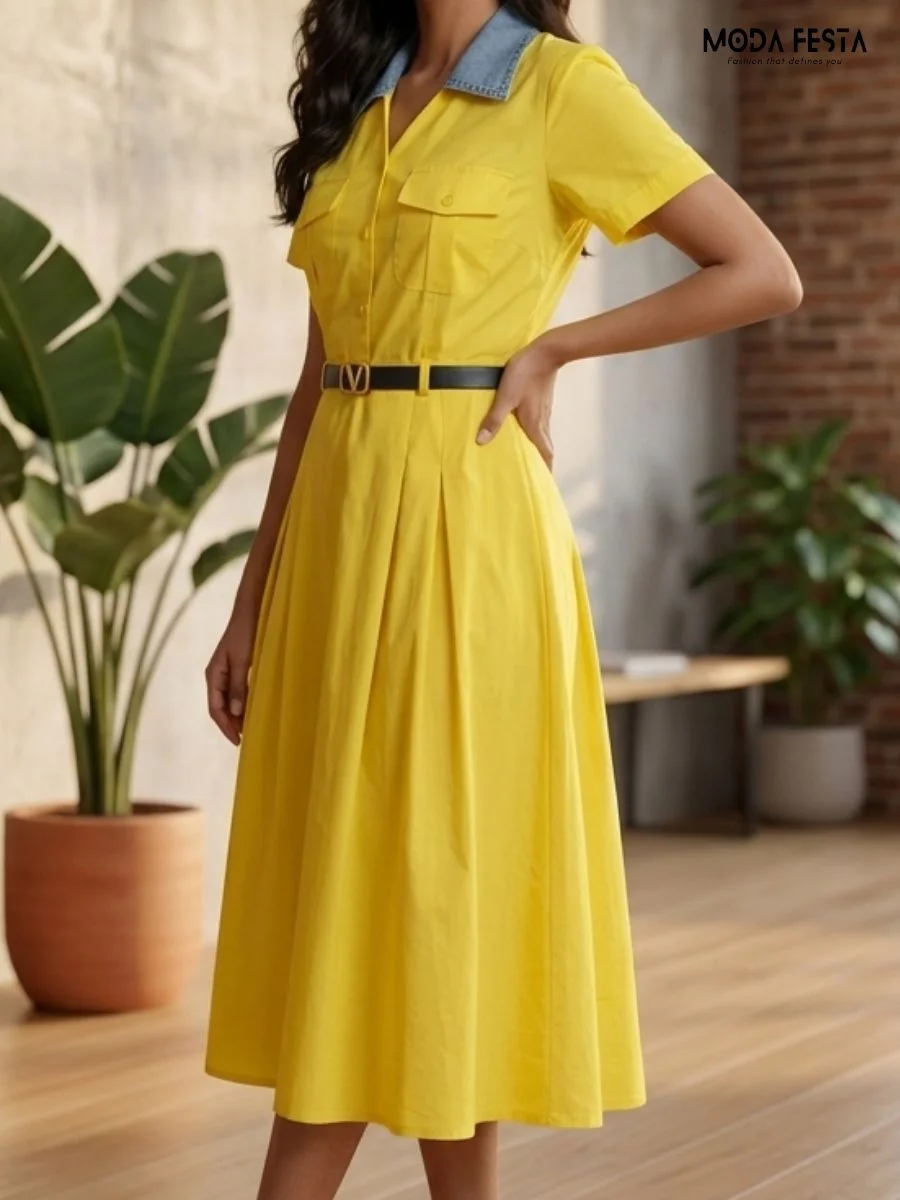 ModaFesta -yellow-button-down-shirt-dress-with-a-denim-collar