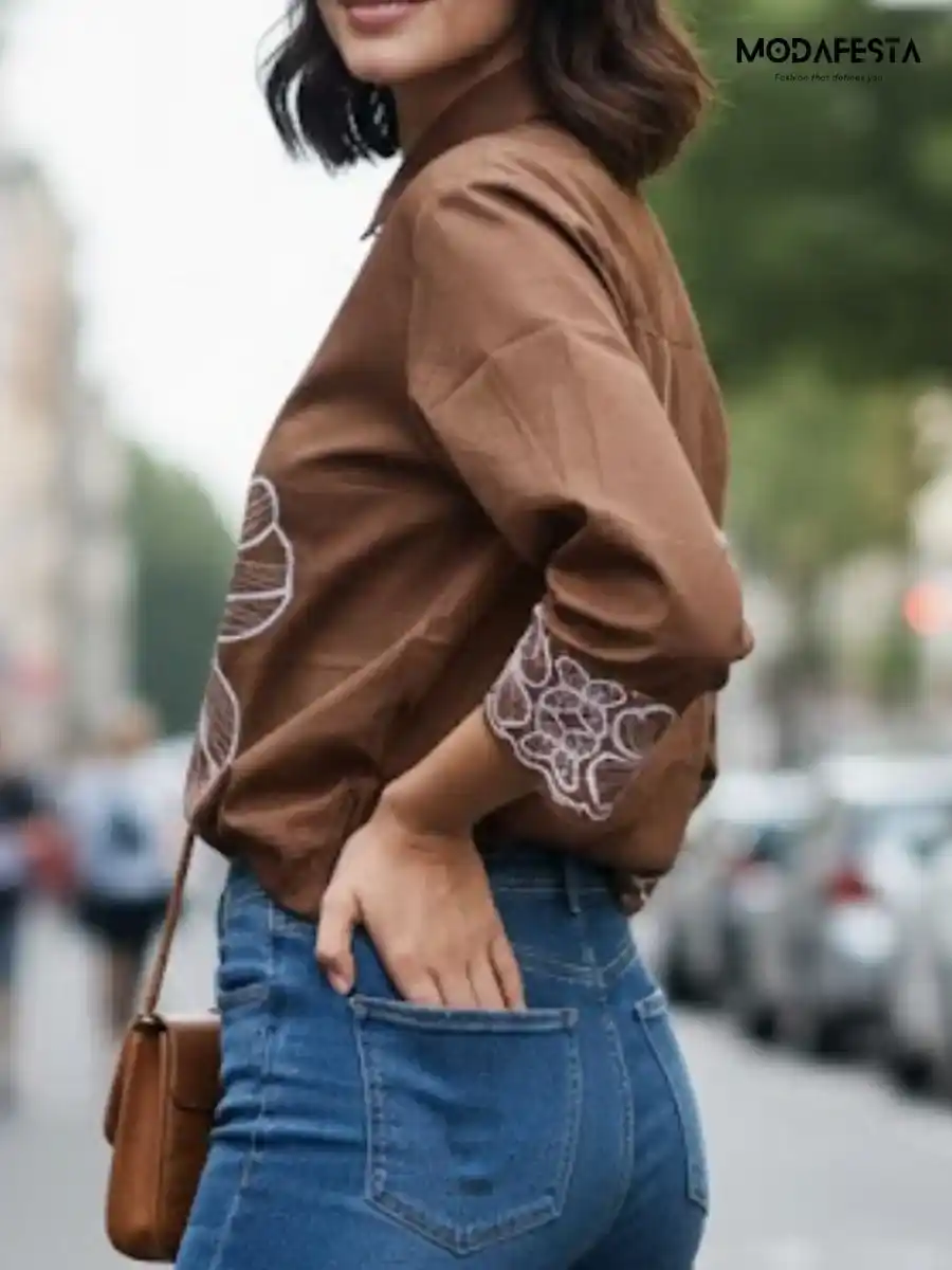 ModaFesta -brown-floral-embroidered-shirt