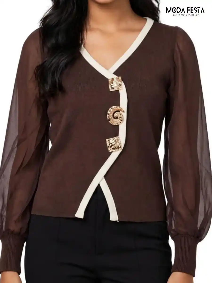 Brown & White Contrast Trim Asymmetric Statement Top