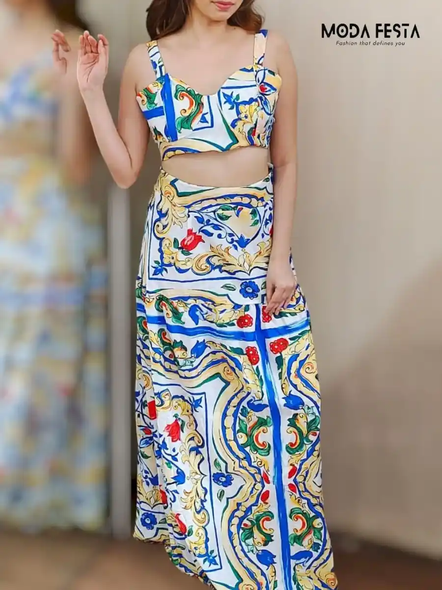 ModaFesta -floral-v-neck-top-with-skirt-coord-set-orange