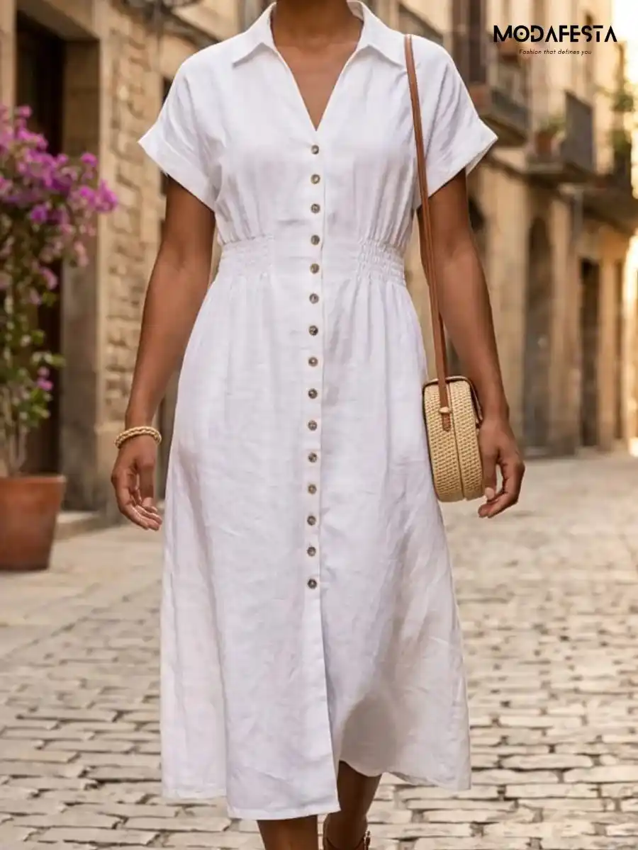 Elegant Linen Button-Down Midi Dress.