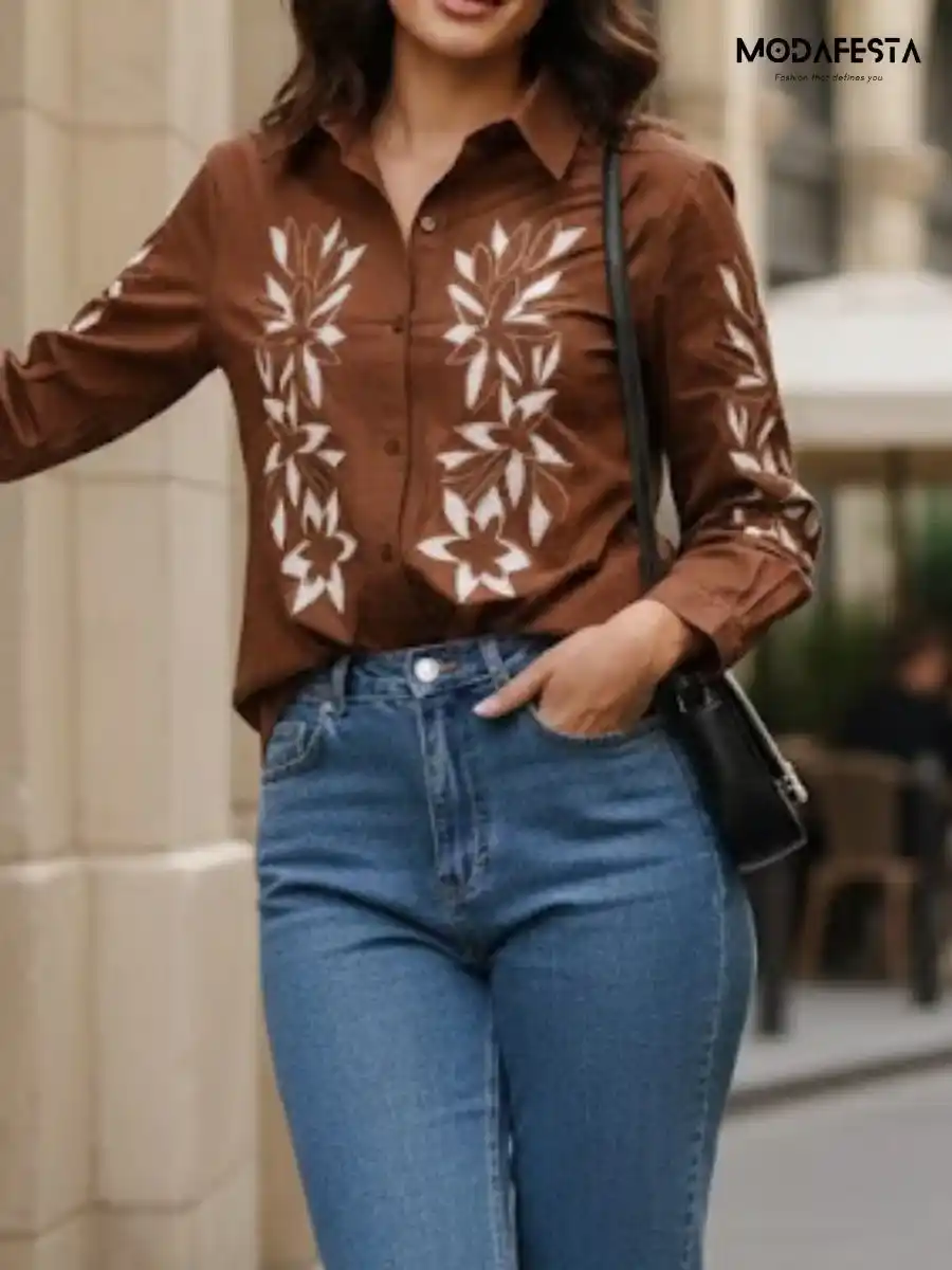 ModaFesta -elegant-cotton-floral-embroidered-shirt-brown