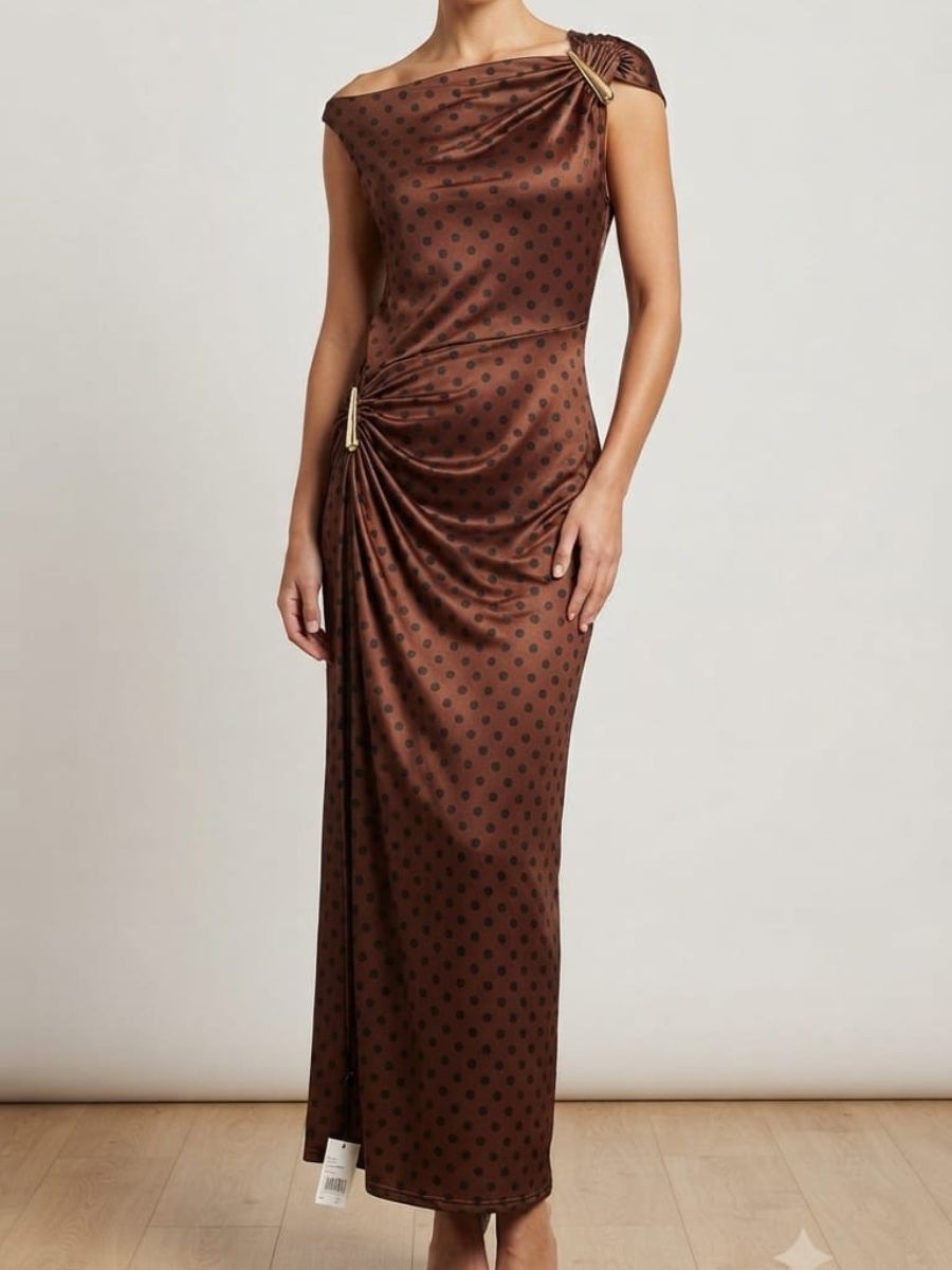 ModaFesta -sleeveless-polka-dot-ankle-length-bodycon-dress-brown