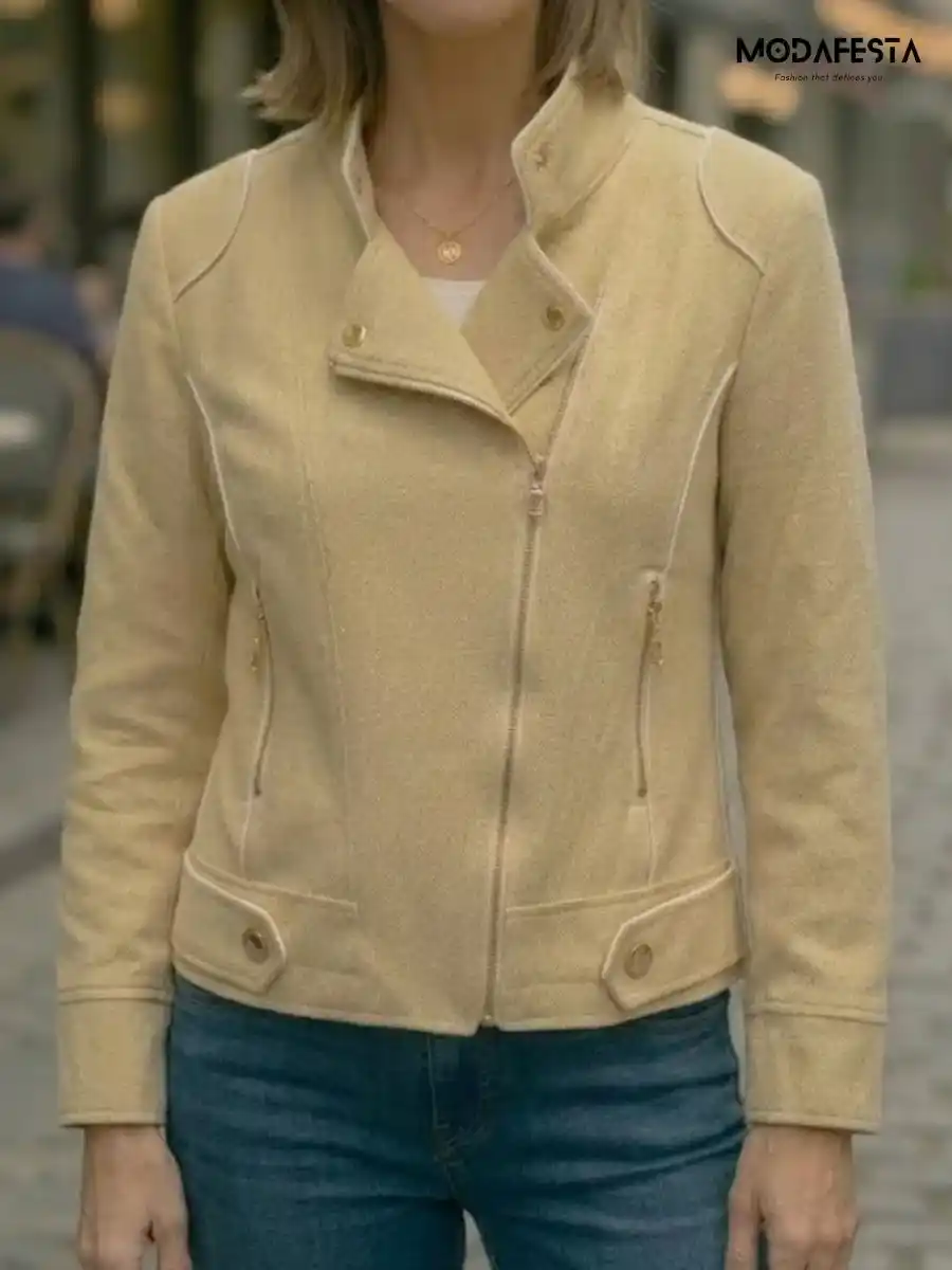 ModaFesta -beige-asymmetric-zipper-biker-jacket