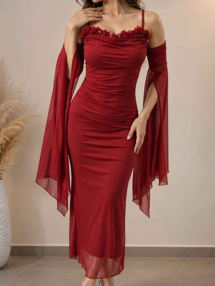 ModaFesta -wine-red-floral-applique-ruched-mesh-maxi-dress-with-sleeves