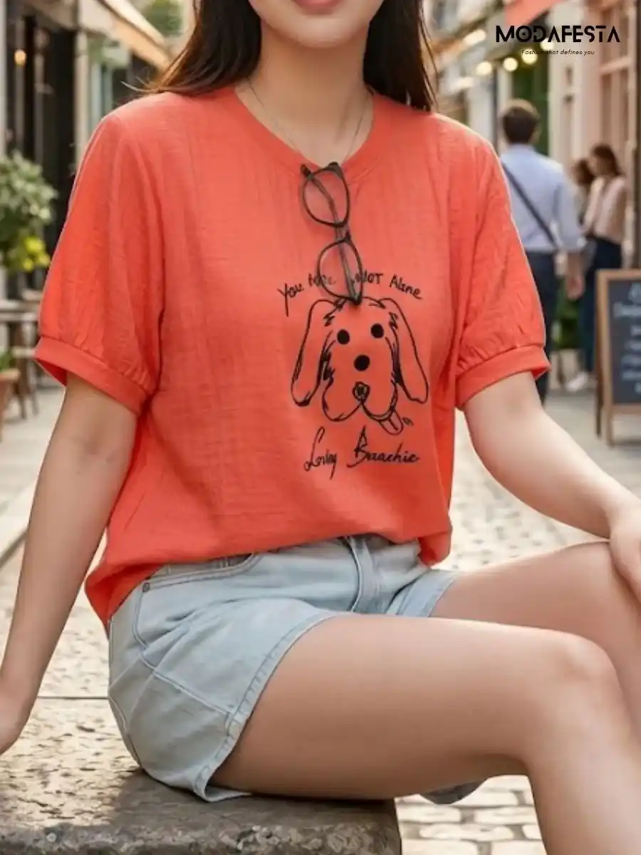 ModaFesta -elegant-dog-print-graphic-top-orange