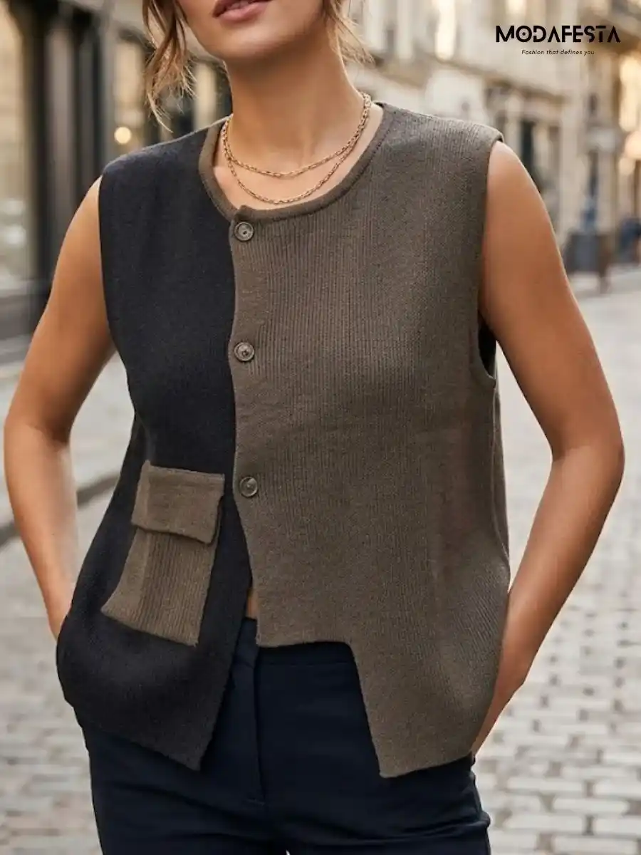 ModaFesta -elegant-knit-vest-two-tone-design-top-olive-green