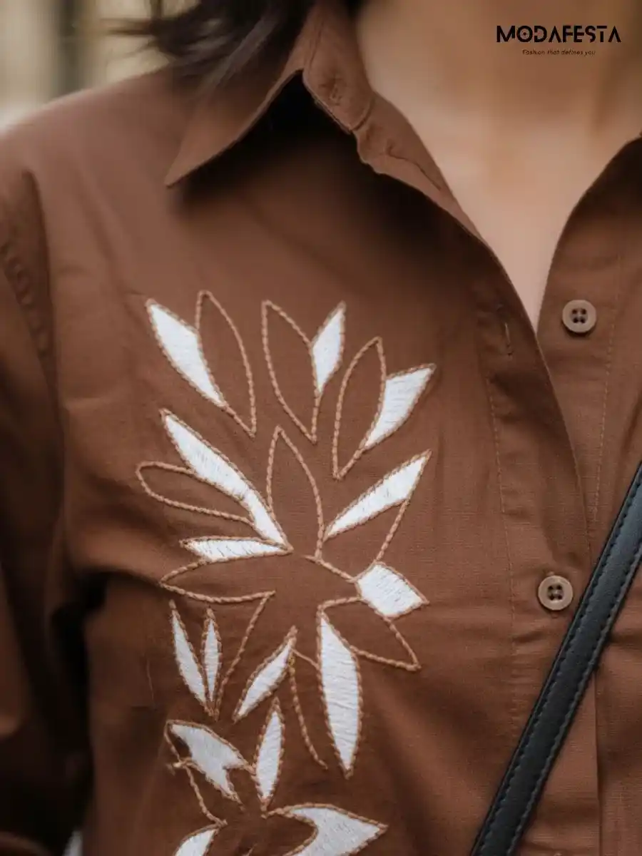 ModaFesta -elegant-cotton-floral-embroidered-shirt-brown