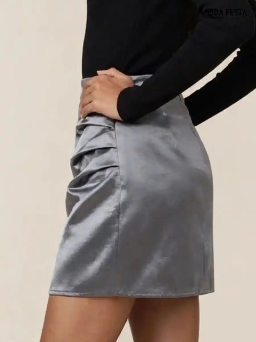 ModaFesta -sleek-grey-satin-ruched-mini-skirt