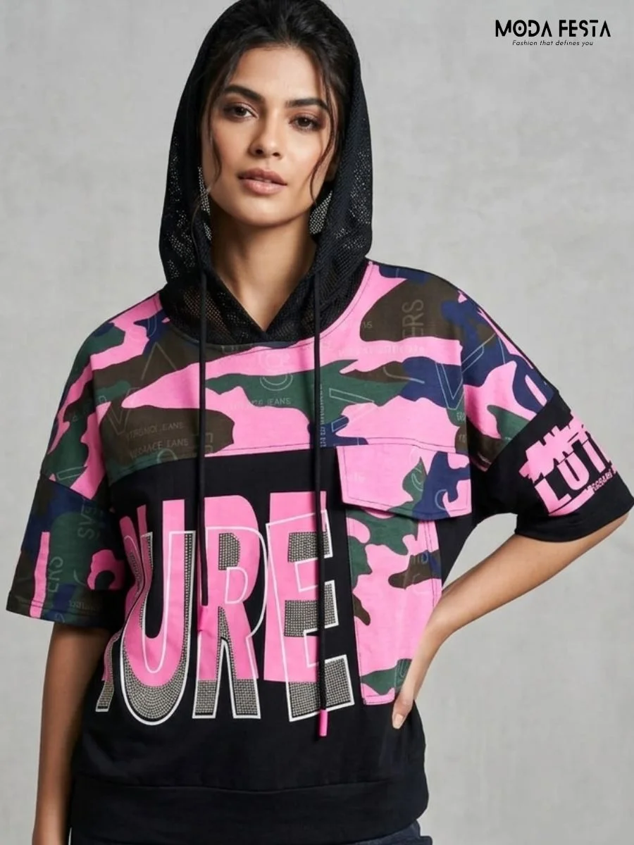 ModaFesta -letter-printed-hooded-top-pink