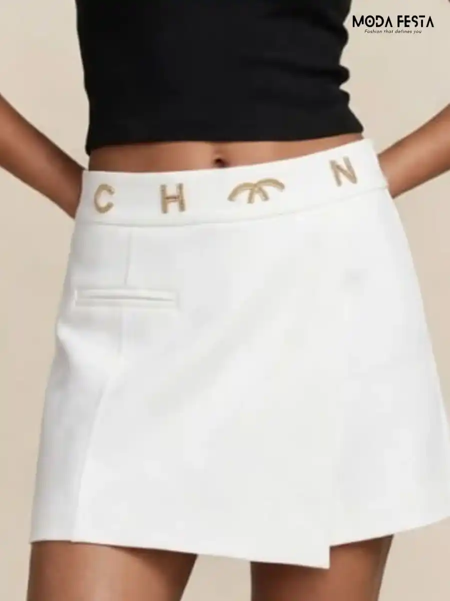 Embellished Waist White Wrap Mini Skirt