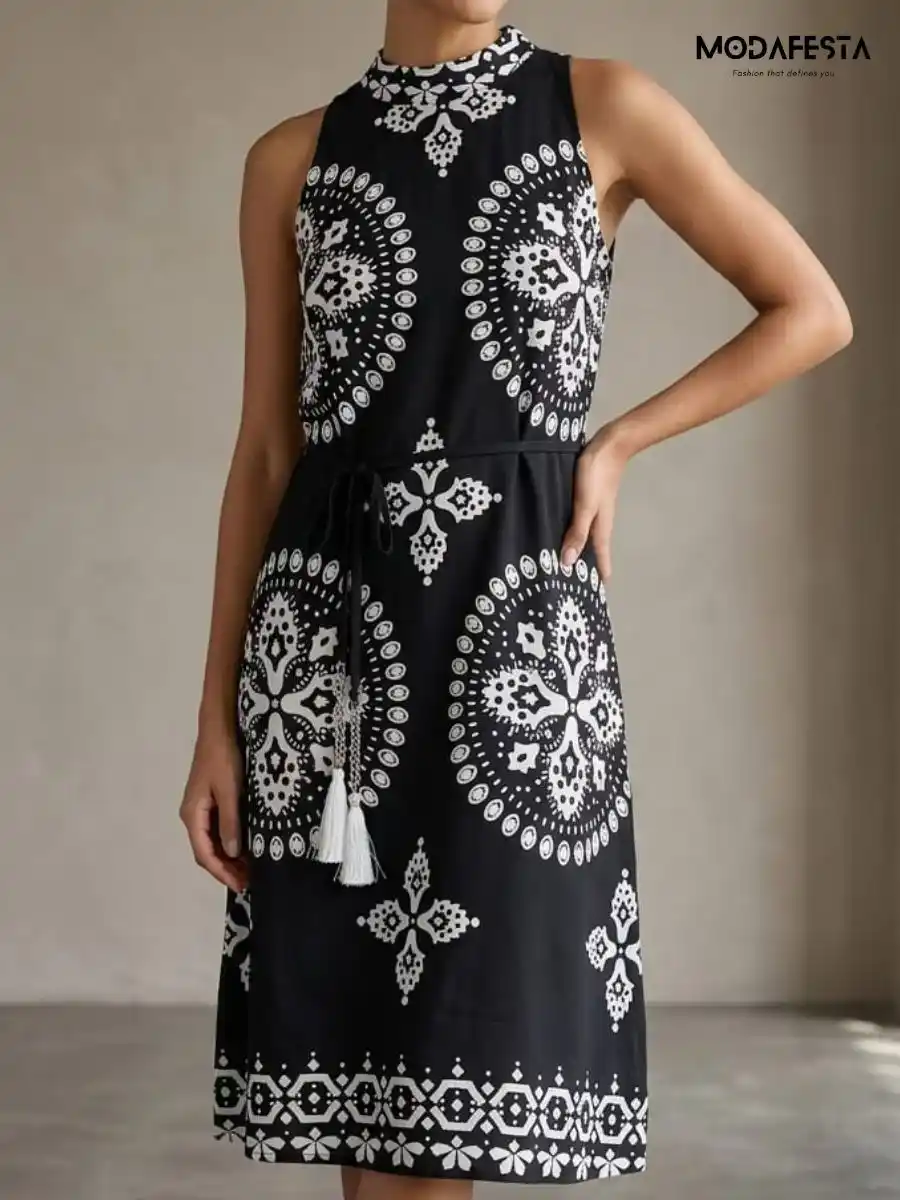 Elegant Black Abstract Print Dress With Belt