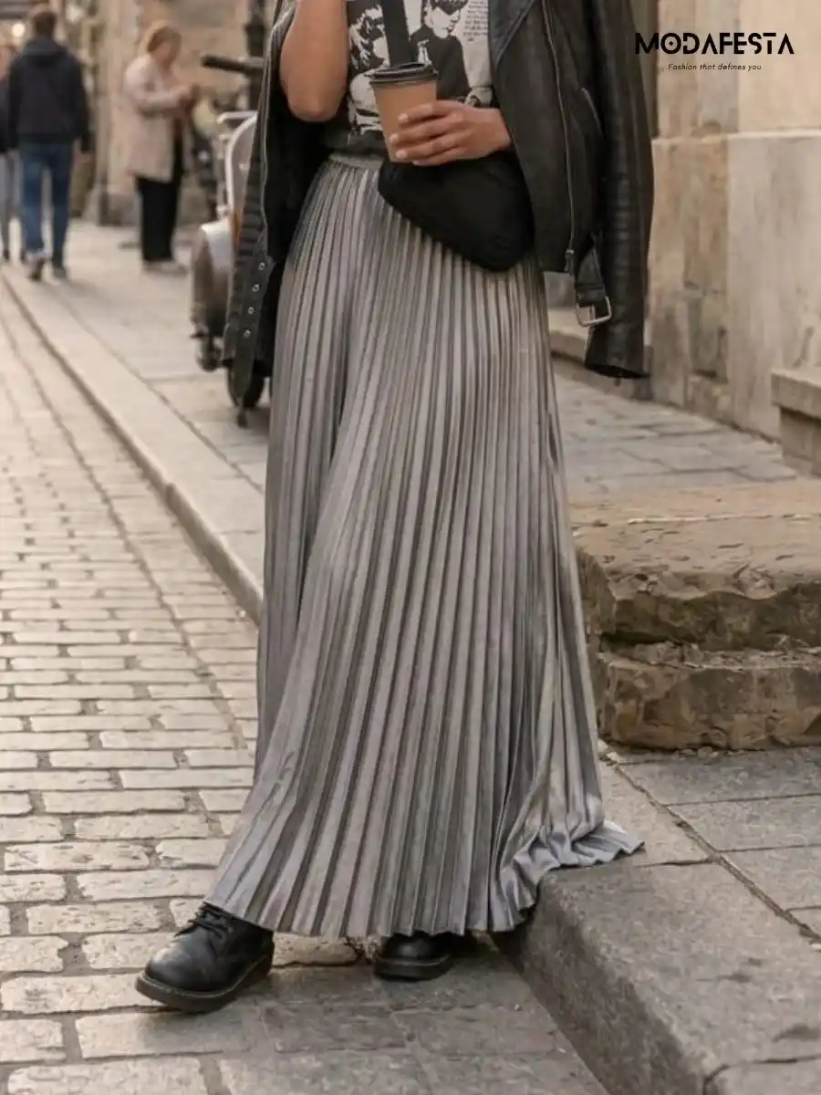 ModaFesta -elegant-satin-high-waist-pleated-skirt-silver