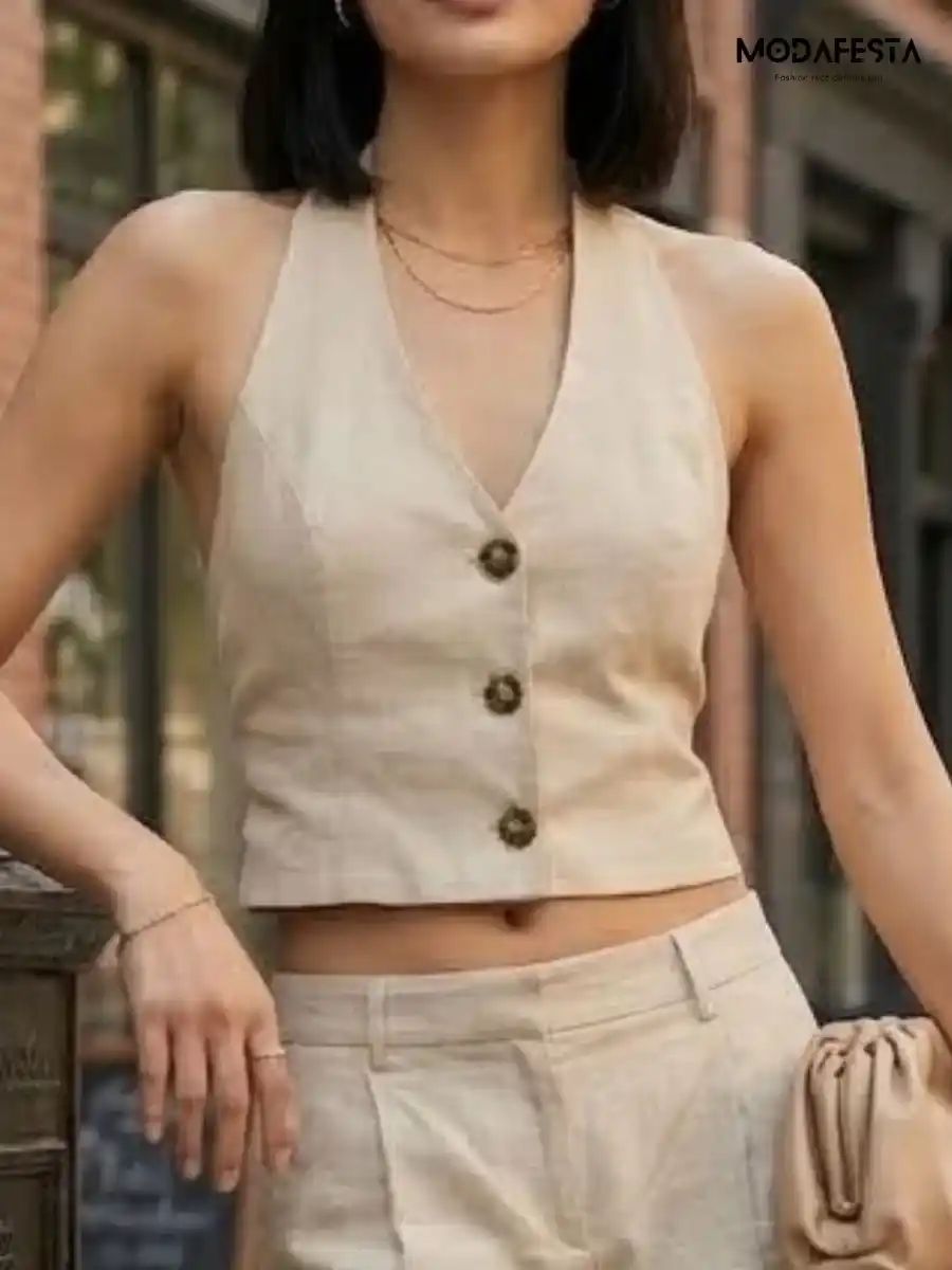 ModaFesta -elegant-casual-halter-neck-top-beige