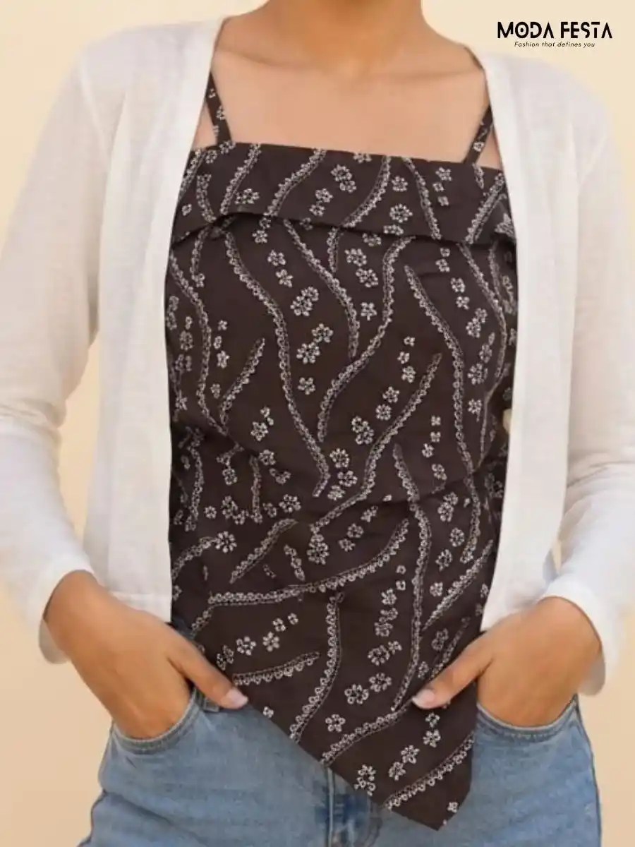 ModaFesta -brown-floral-print-asymmetric-hem-cami-top-white-shrug