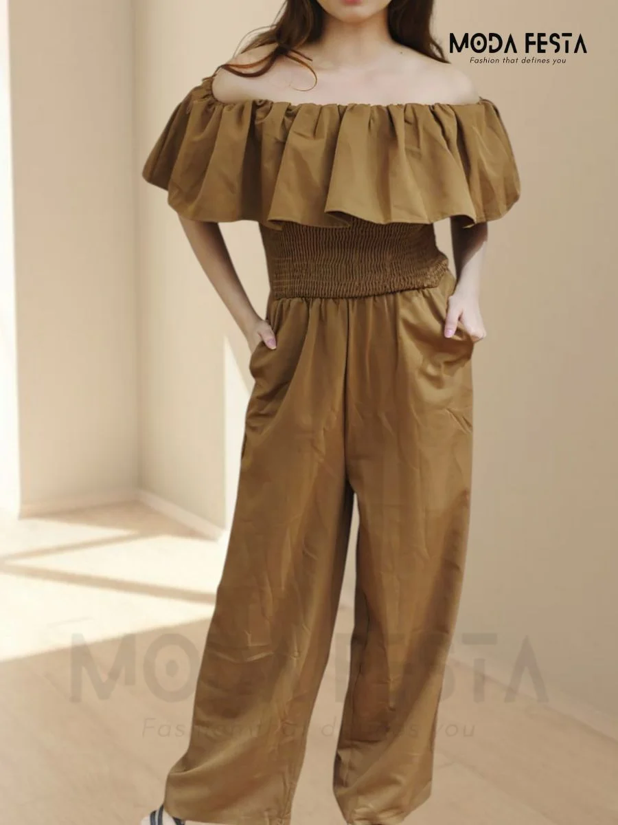 ModaFesta -off-shoulder-jumpsuit-brown