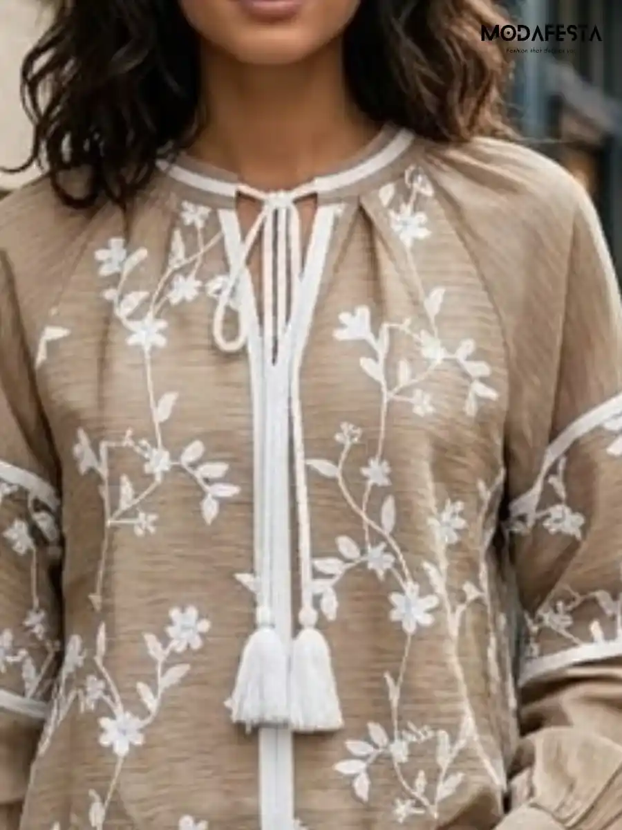 ModaFesta -elegant-floral-embroidered-v-neck-top-beige