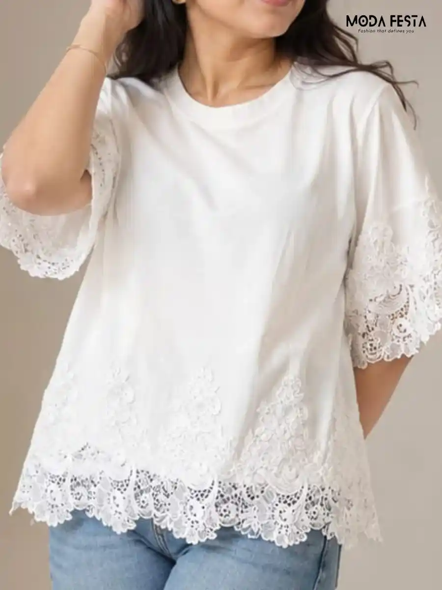 Elegant White Lace-Trimmed Top