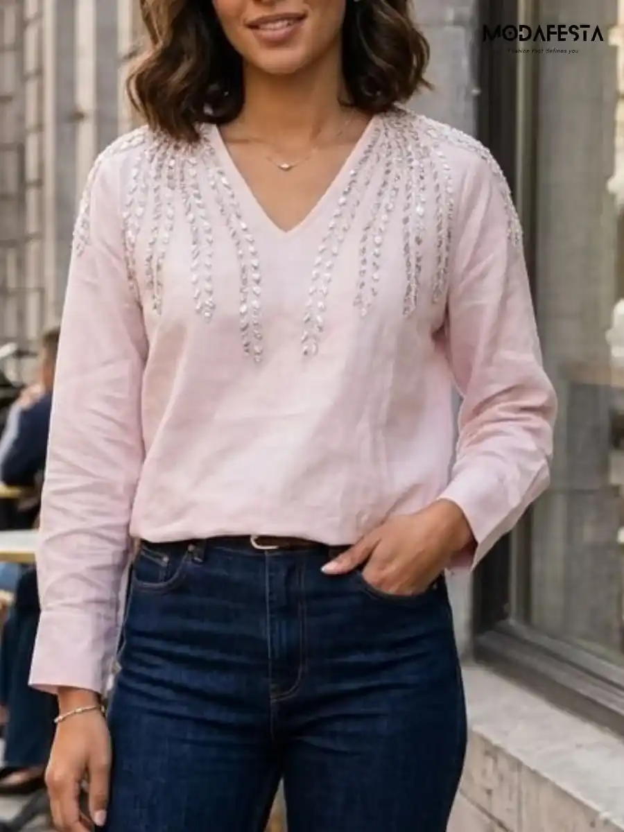 ModaFesta -elegant-embellished-v-neck-top-peach