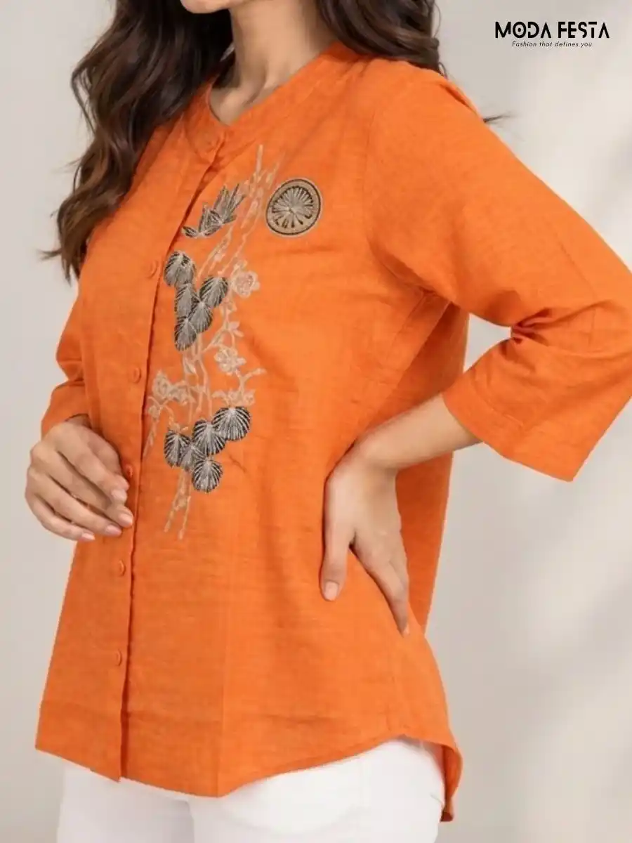 ModaFesta -orange-floral-embroidered-mandarin-collar-top