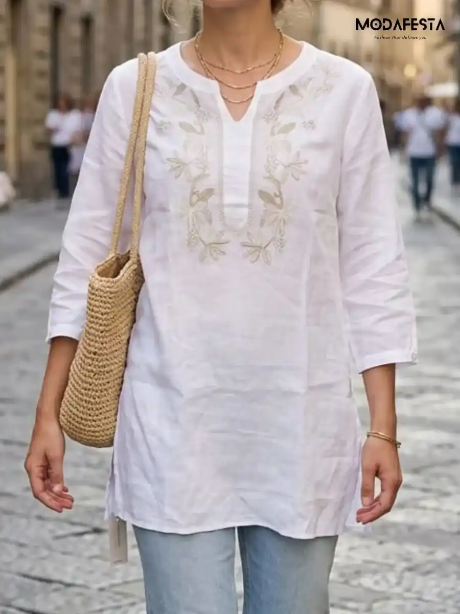 Elegant V Neck Linen Long Top