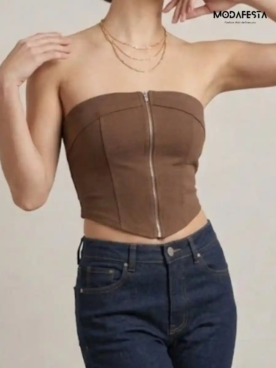 ModaFesta -elegant-zipper-crop-tube-brown