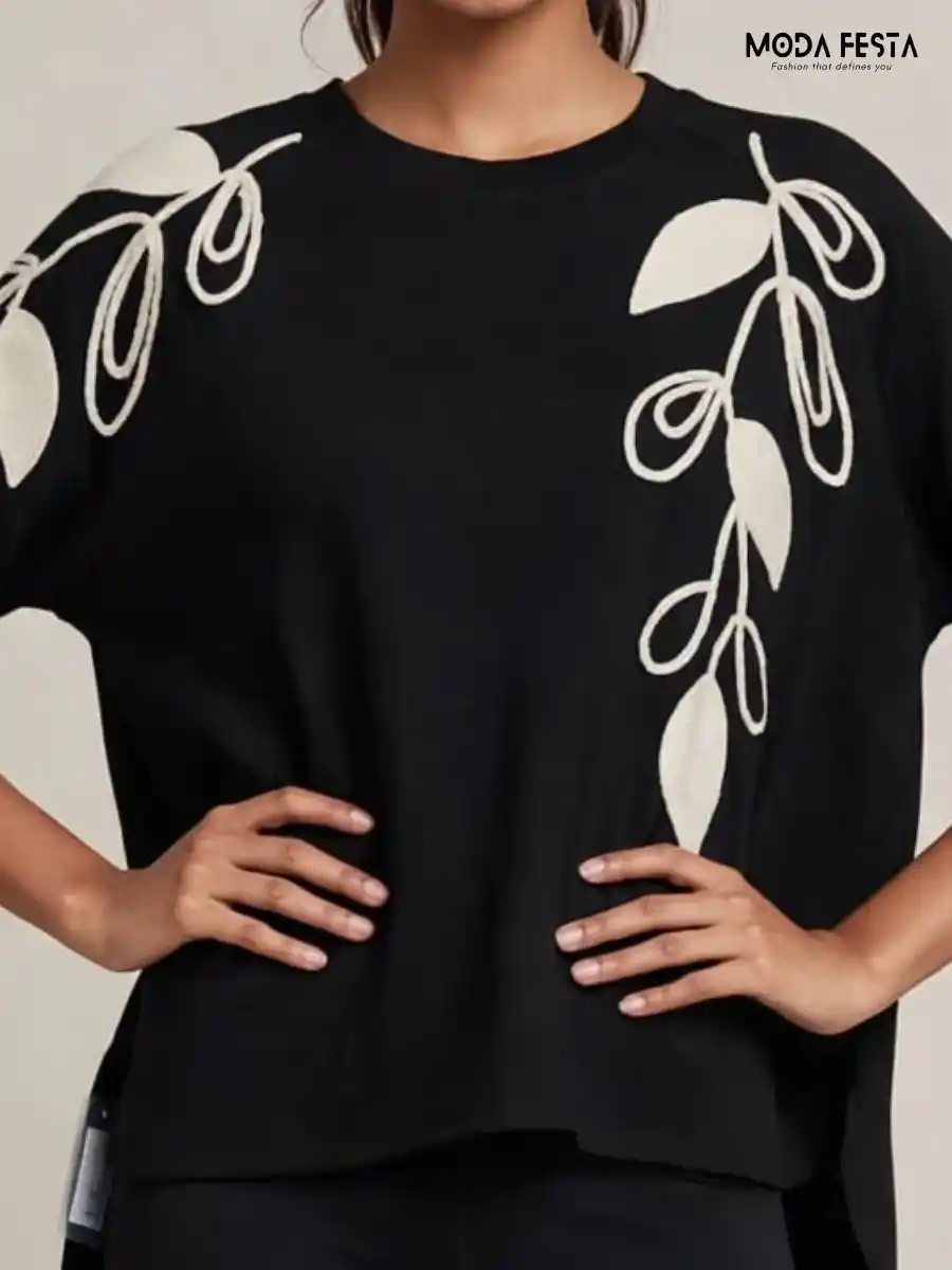 ModaFesta -black-embroidered-leaf-detail-casual-top
