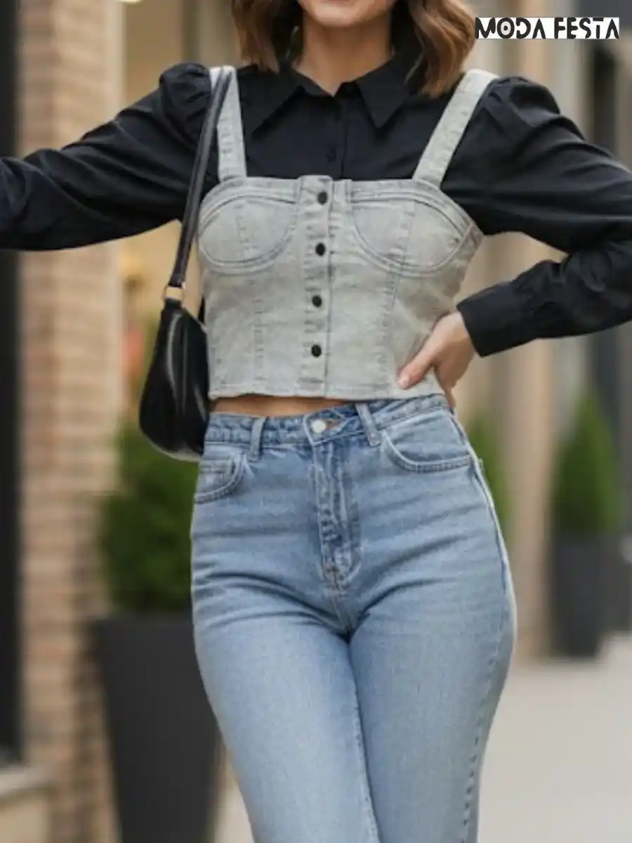 ModaFesta -black-shirt-with-denim-bustier