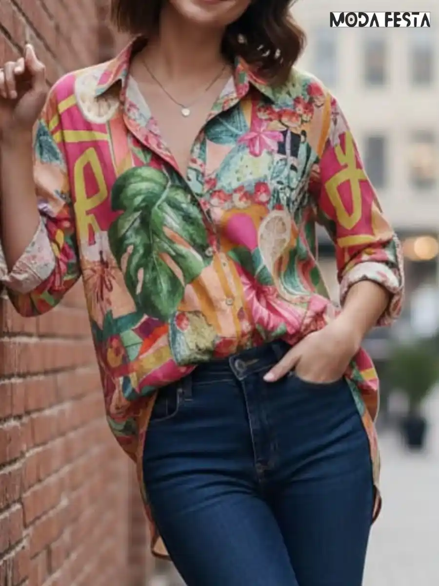 ModaFesta -elegant-floral-print-linen-shirt-orange