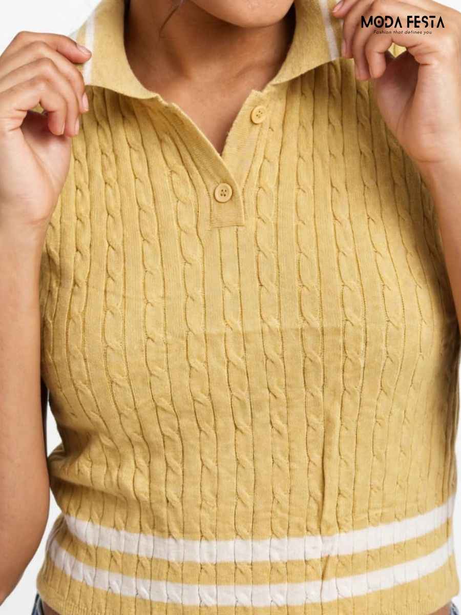ModaFesta -mustard-yellow-white-striped-cable-knit-sleeveless-polo-top
