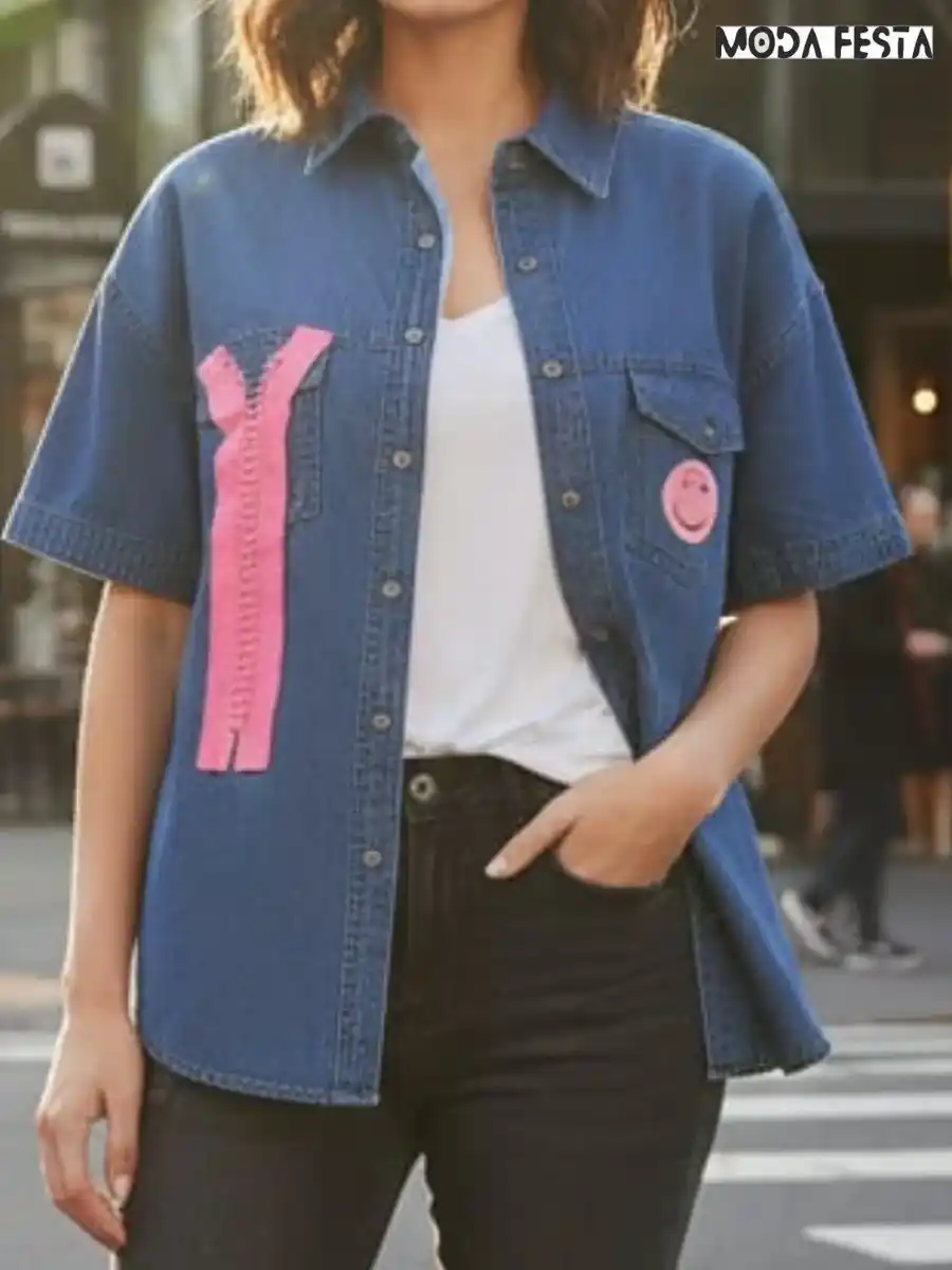 ModaFesta -elegant-casual-denim-shirt-with-smiley-pink
