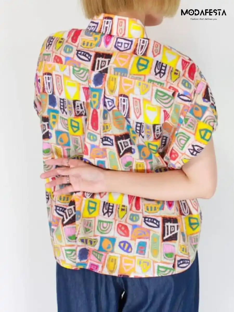 ModaFesta -elegant-puff-sleeve-hand-drawn-print-shirt-orange