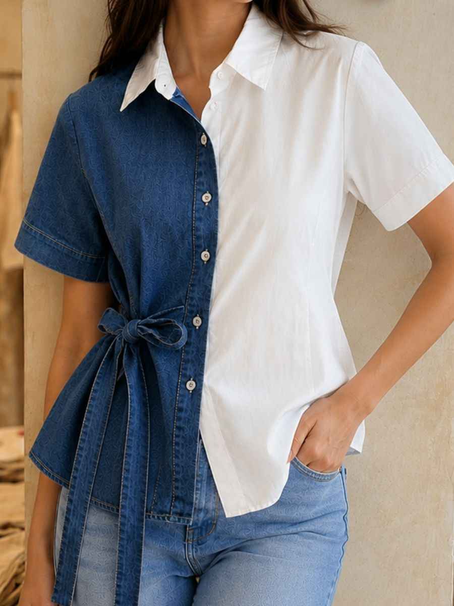 Dual-Tone Denim & Cotton Tie-Waist Shirt