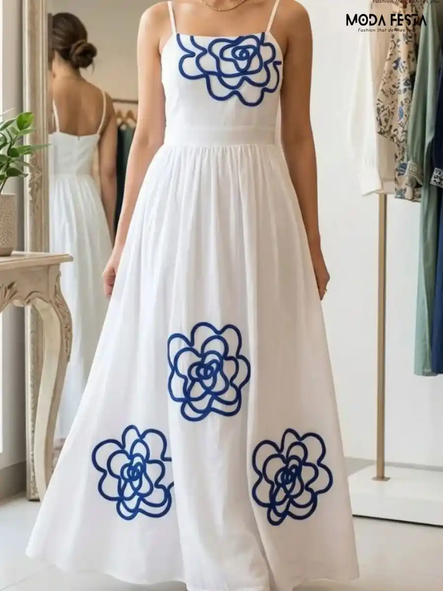 white maxi dress featuring beige/off-white spiral floral appliqué embroidery