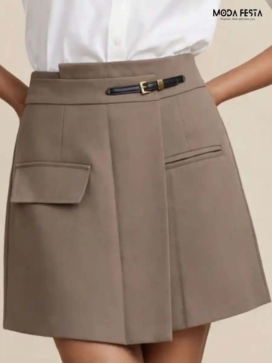 Taupe Faux Suede Belted Skort with Pocket Detail