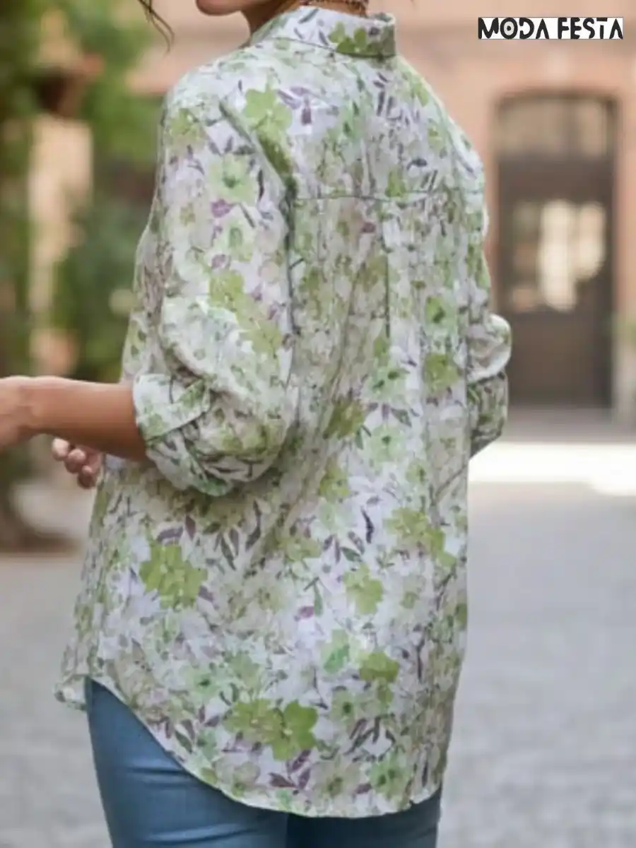 ModaFesta -elegant-floral-print-linen-shirt-green