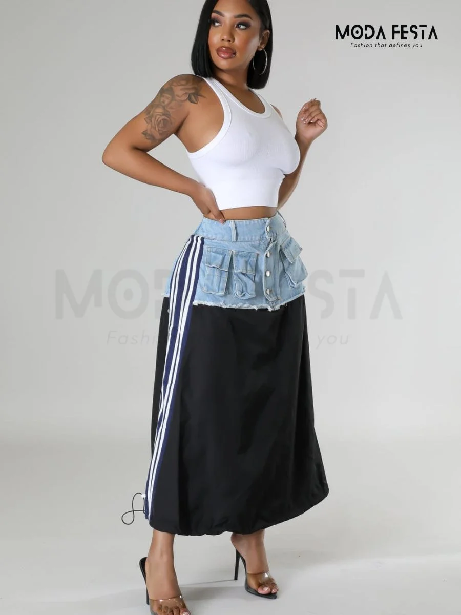 ModaFesta -denim-two-side-strip-skirt-blue