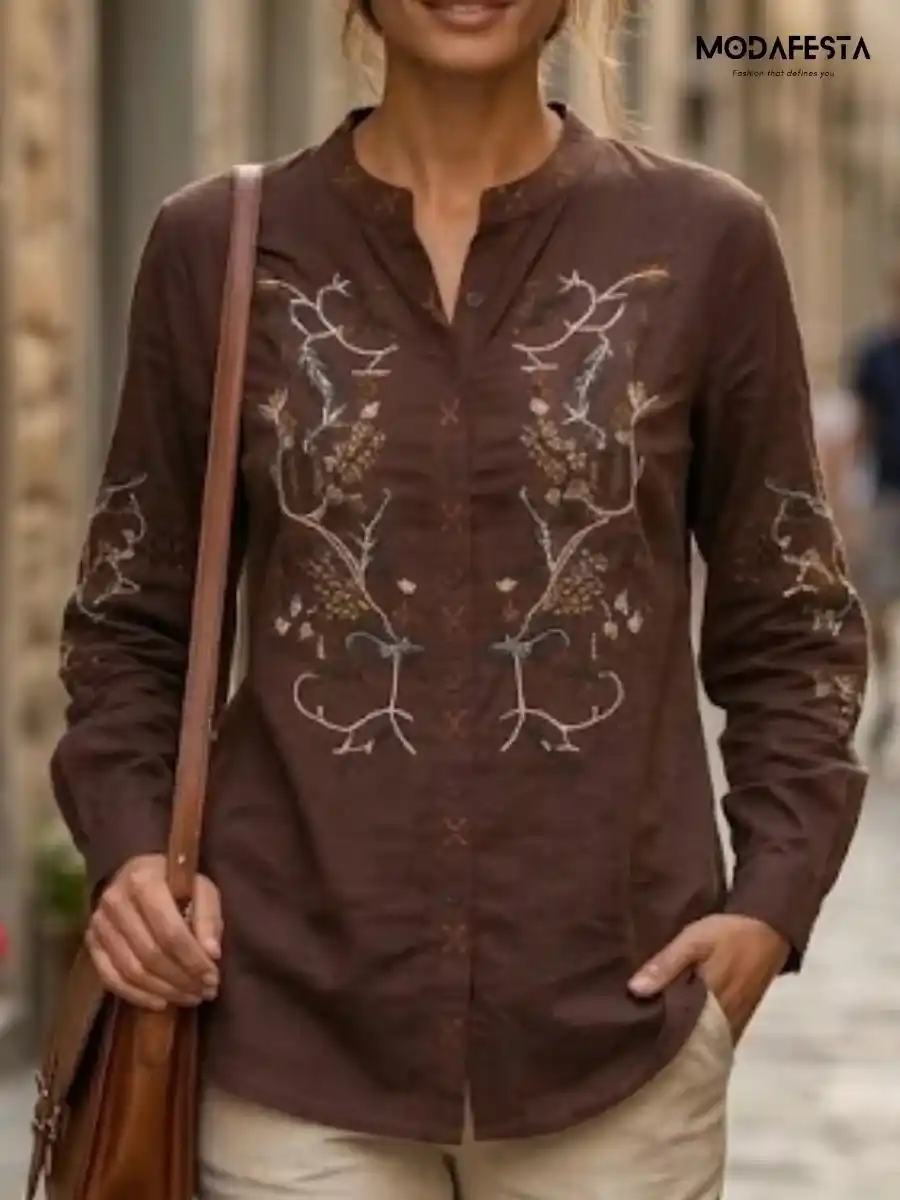 ModaFesta -elegant-floral-embroidered-cotton-shirt-1-brown