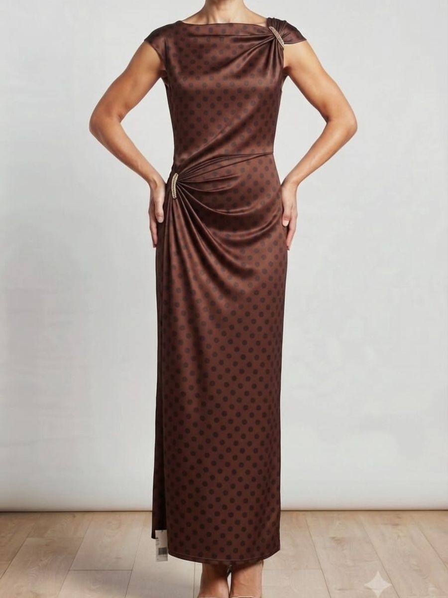 ModaFesta -sleeveless-polka-dot-ankle-length-bodycon-dress-brown